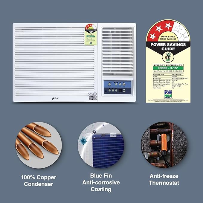 Godrej 1.5 Ton 3 Star, Turbo Mode Window AC (Copper, Anti-Dust Filter, Anti-Freeze Thermostat, 2024 Model, AC 1.5T WFC 18UTC3-WWB Window, White) 