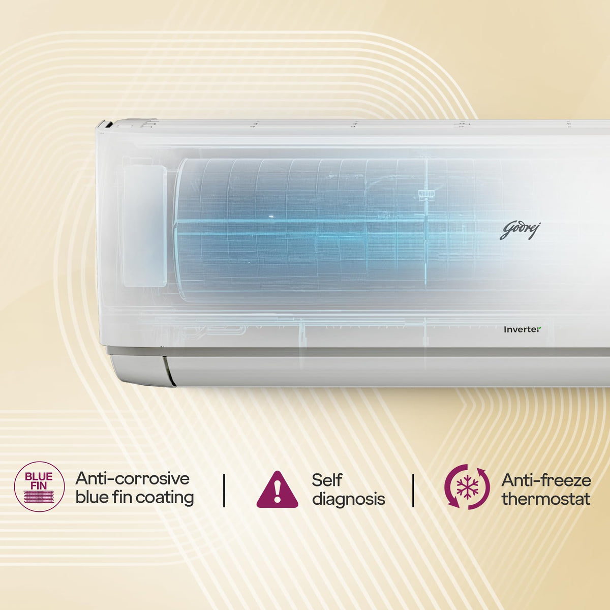 Godrej 1.5 Ton 3 Star, Wi-Fi, 5 Year Comprehensive Warranty, 5-In-1 Convertible Cooling Inverter Split AC (Copper, 2025 Model, Heavy Duty Cooling at 52 °C, AC 1.5T EI 18A3T PYA IVBL IOT, White) 