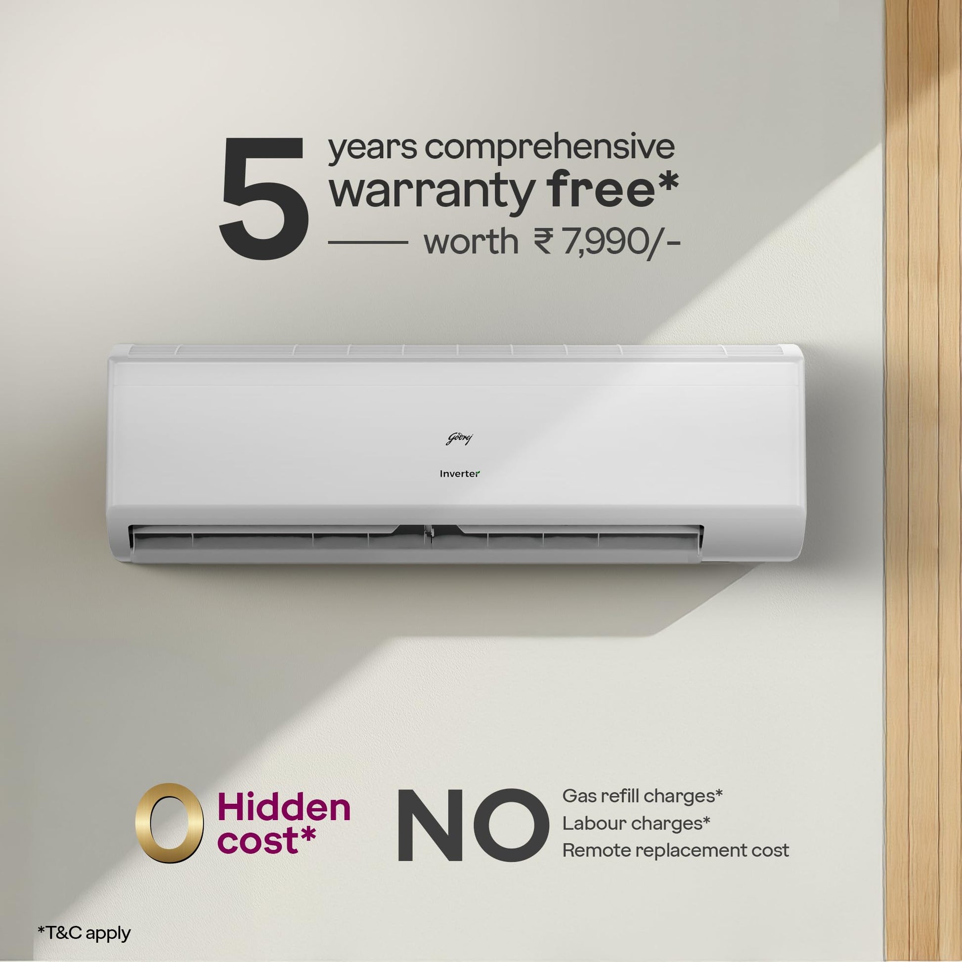 Godrej 1.5 Ton 5 Star, 5 Years Comprehensive Warranty, 5-In-1 Convertible Cooling, Inverter Split AC (Copper, 2025 Model, Heavy duty cooling at 52 °C, AC 1.5T EI 18II5T WZS Split 5S, White) 