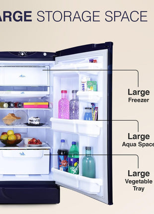 Godrej 180 L 2 Star Advanced Capillary Technology, With Jumbo Vegetable Tray Direct Cool Single Door Refrigerator(2023 Model, RD EDGE 205B WRF PP BL, Pep Blue) 