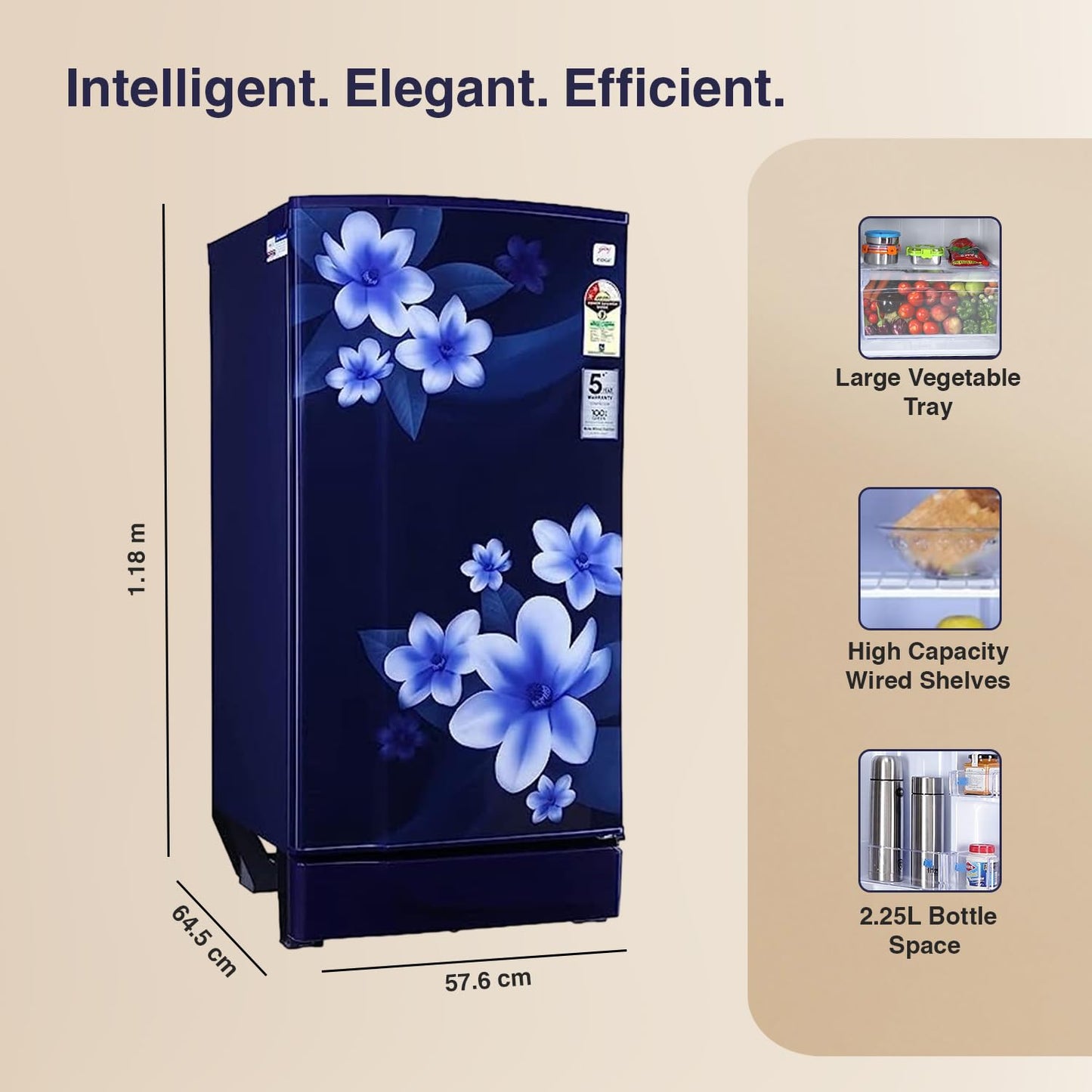 Godrej 180 L 2 Star Advanced Capillary Technology, With Jumbo Vegetable Tray Direct Cool Single Door Refrigerator(2023 Model, RD EDGE 205B WRF PP BL, Pep Blue) 