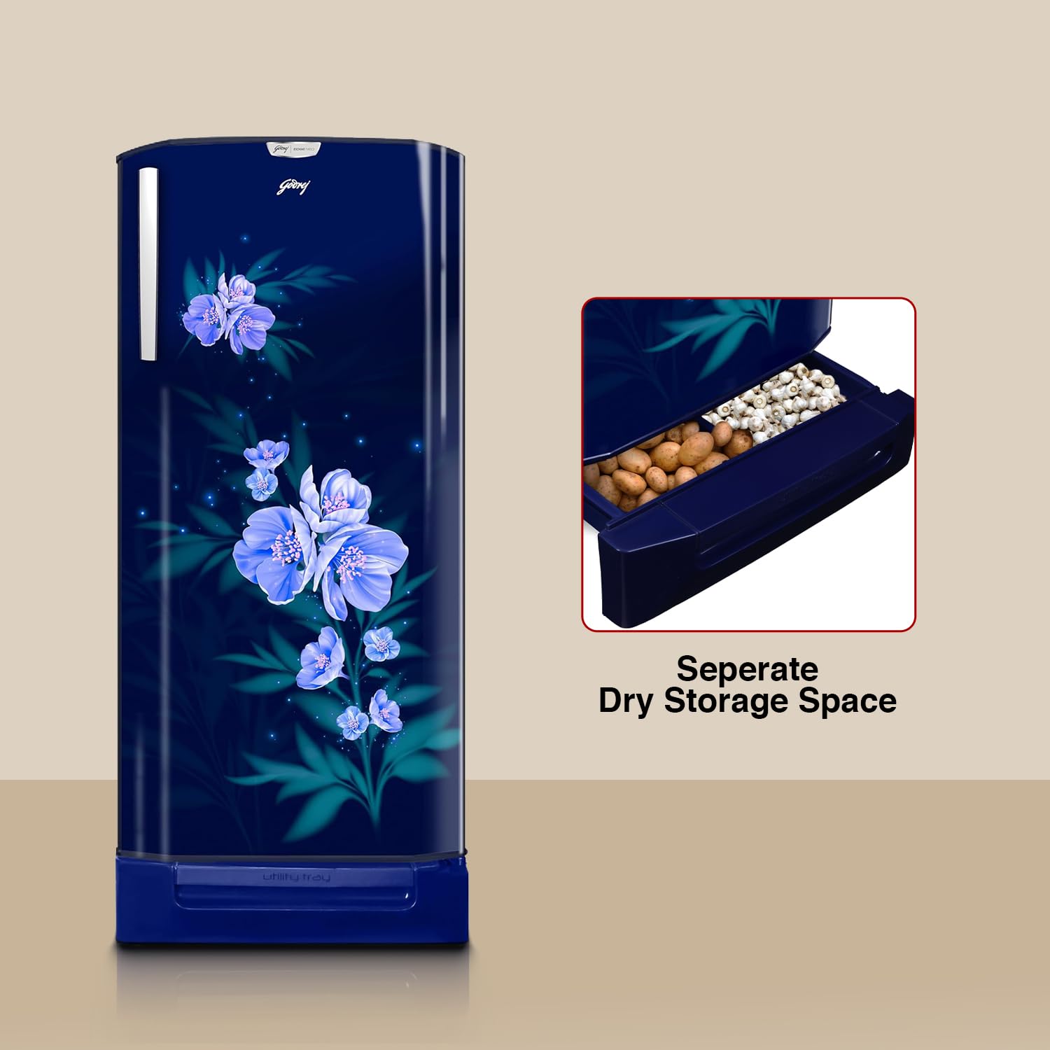 Godrej 180 L 5 Star Turbo Cooling Technology, 24 Days Farm Freshness Direct Cool Single Door Refrigerator With Base Drawer (2024 Model, RD EDGENEO 207E TDF MP BL, Maple Blue) 