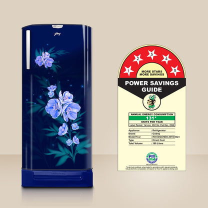 Godrej 180 L 5 Star Turbo Cooling Technology, 24 Days Farm Freshness Direct Cool Single Door Refrigerator With Base Drawer (2024 Model, RD EDGENEO 207E TDF MP BL, Maple Blue) 