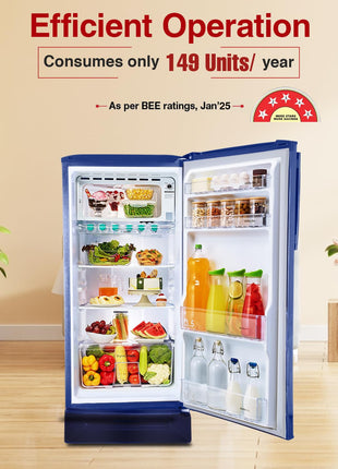 Godrej 180 L 5 Star Turbo Cooling Technology, 24 Days Farm Freshness Direct Cool Single Door Refrigerator With Base Drawer (2024 Model, RD EDGENEO 207E TDF MP BL, Maple Blue) 