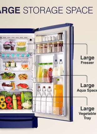 Godrej 183 L 3 Star | Farm Fresh Crisper Technology | Turbo Cooling Technology | Wide Shelf | Jumbo Vegetable Tray | Wired Shelves Direct Cool Single Door Refrigerator (RD R190C WRF NY BL, Navy Blue) 
