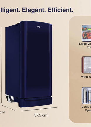 Godrej 183 L 3 Star | Farm Fresh Crisper Technology | Turbo Cooling Technology | Wide Shelf | Jumbo Vegetable Tray | Wired Shelves Direct Cool Single Door Refrigerator (RD R190C WRF NY BL, Navy Blue) 