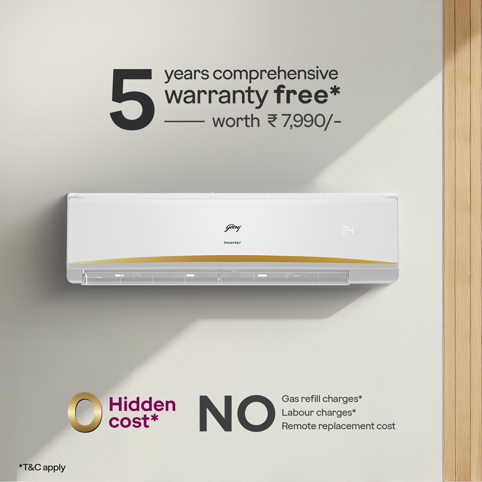 Godrej 2.5 Ton 3 Star, 5 Years Comprehensive Warranty, AI powered, 5-In-1 Convertible Cooling, 4 Way Air Swing Inverter Split AC (Copper, Heavy-Duty Cooling At 52 °C, AC 2.5T EI 30LINV3R32-WWR, White) 