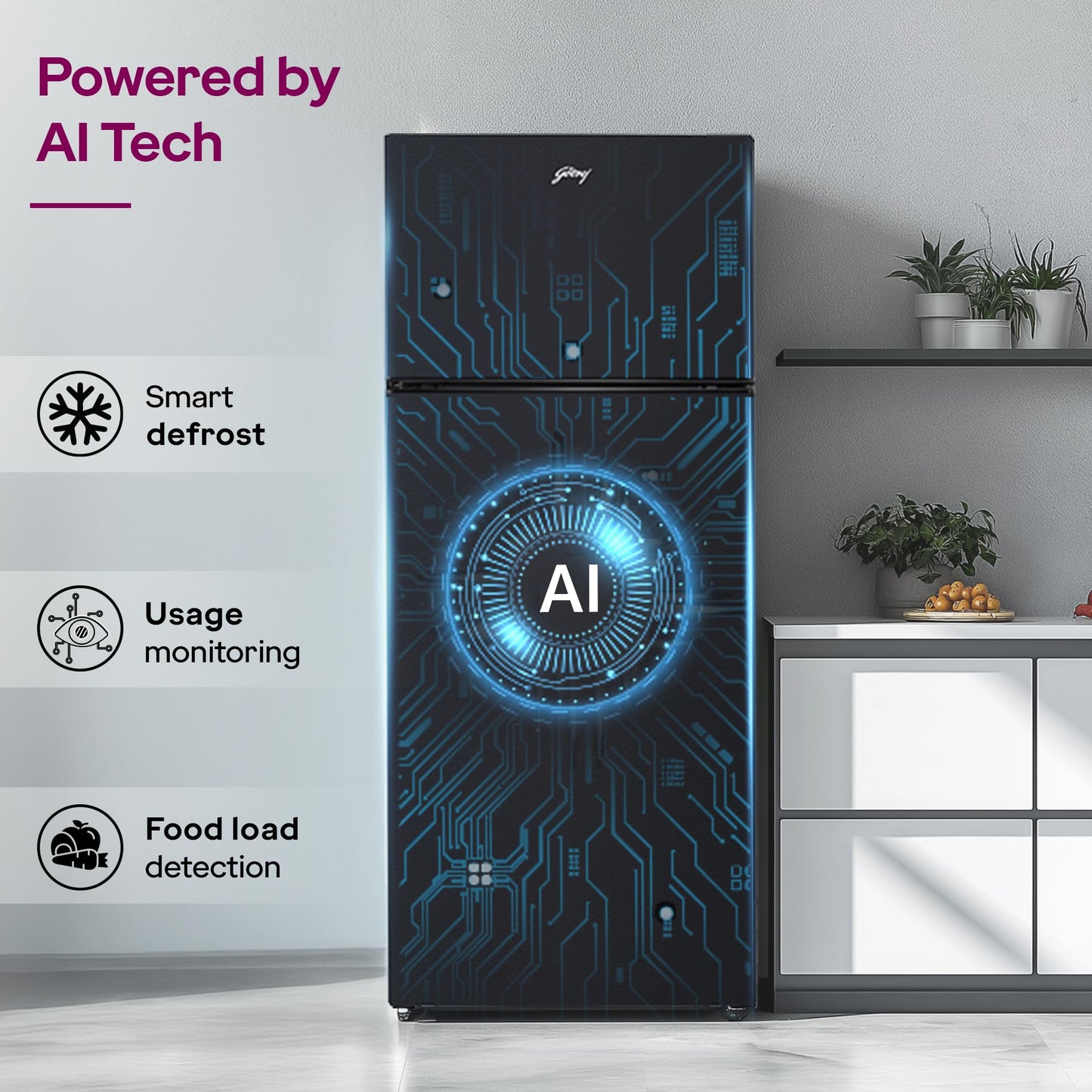 Godrej 308 L 2 Star Fully Convertible 4-in-1, Nano Shield Technology Inverter Frost Free Double Door Vibe Refrigerator (RF EON 331B RCIT MT BK, Matt Black) 