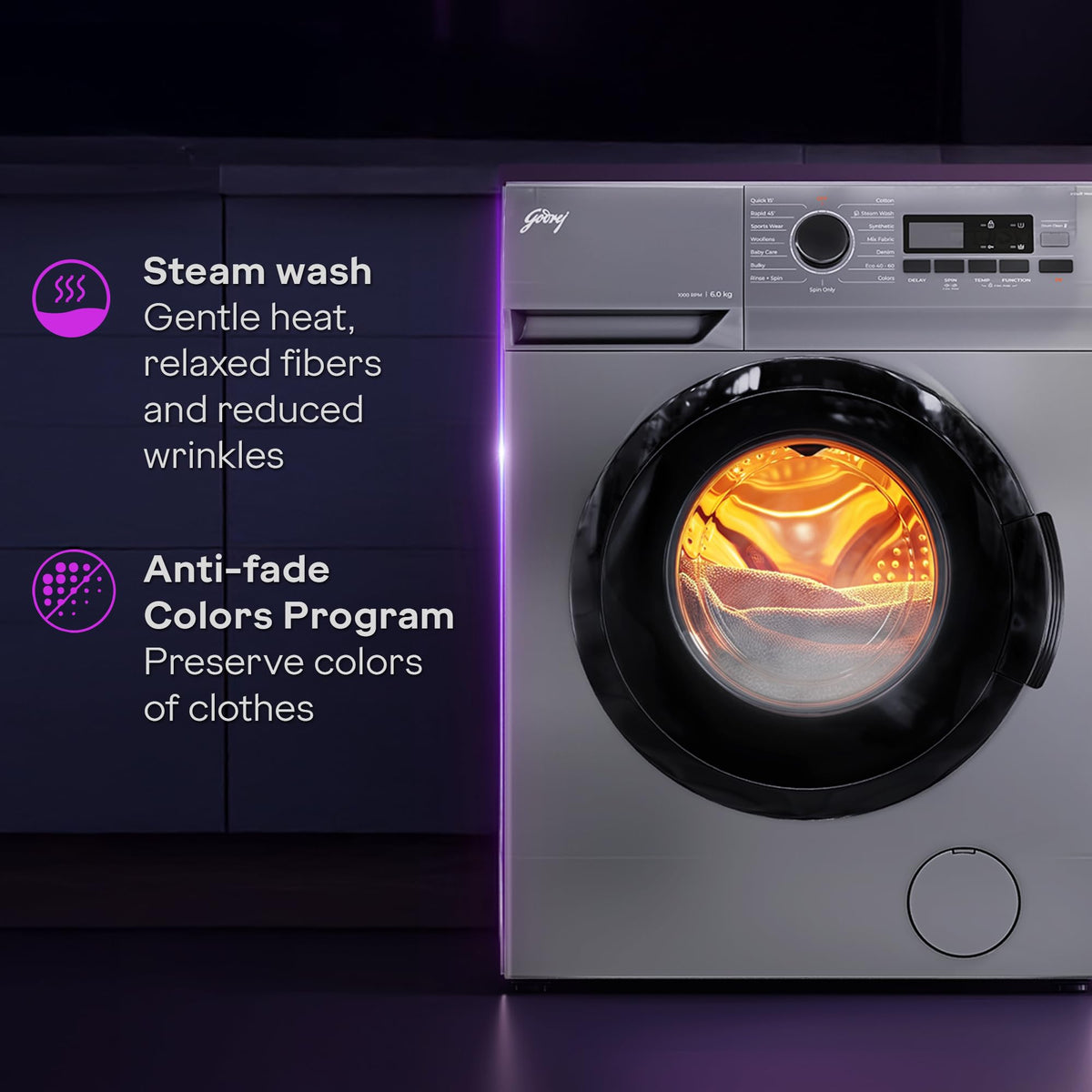 Godrej 6 Kg Eco-Wash With Steam Wash Fully-Automatic Front Load Washing Machine (WFEON ARG 6010 5.0, Silver Stream) 