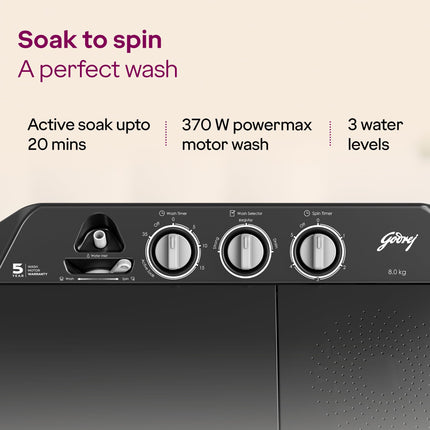 Godrej 8 Kg 5 Star, Wash Upto 8 King Size Bedsheets, 370 W PowerMax Motor, 1440 RPM Spin, Magic Lint Fliter, Semi Automatic Top Load Washing Machine (WSEDGE CLS 80 5.0 EN2 M CSGR, Crystal Grey) 