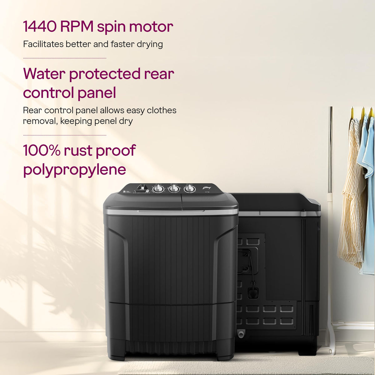 Godrej 8 Kg 5 Star, Wash Upto 8 King Size Bedsheets, 370 W PowerMax Motor, 1440 RPM Spin, Magic Lint Fliter, Semi Automatic Top Load Washing Machine (WSEDGE CLS 80 5.0 EN2 M CSGR, Crystal Grey) 