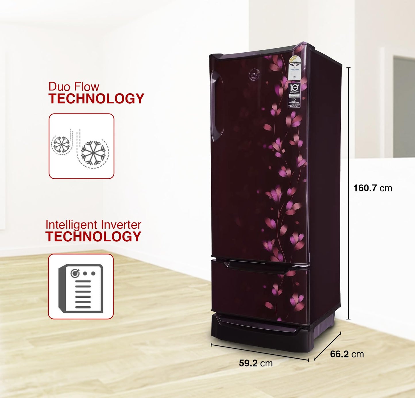 Godrej Edge 237 L 3 Star With Duo Flow Technology Reducing Cooling Loss by 50% Inverter Direct Cool Single Door Refrigerator (RD EDUO 270C TDI JD WN, Jade Wine) 