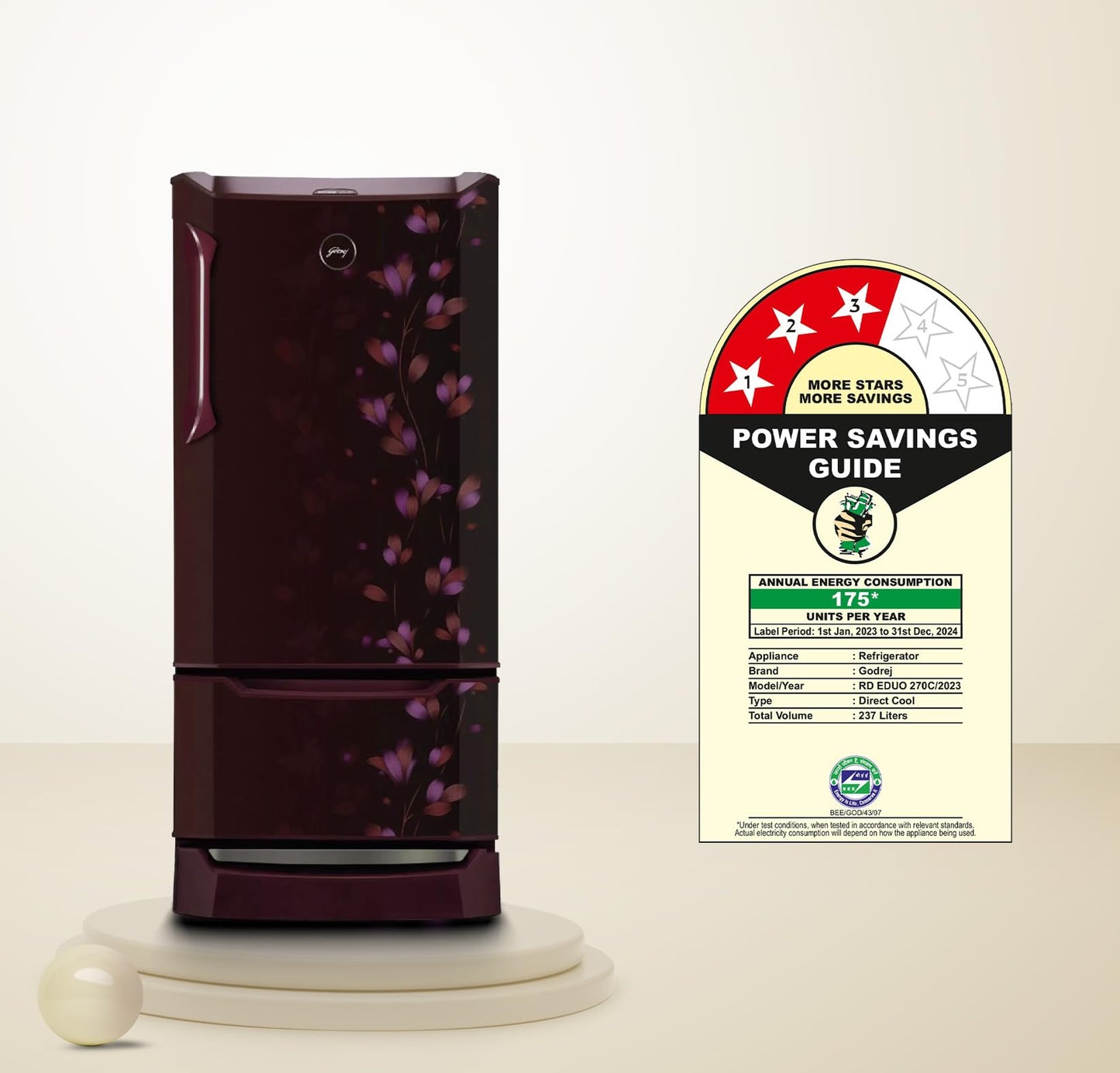 Godrej Edge 237 L 3 Star With Duo Flow Technology Reducing Cooling Loss by 50% Inverter Direct Cool Single Door Refrigerator (RD EDUO 270C TDI JD WN, Jade Wine) 