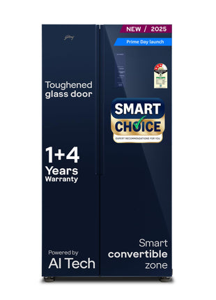Godrej Smart Choice 600L 3Star Frost Free Smart Convertible AI Tech 3 Intelligent Modes Toughened Glass Door Inverter Side By Side Refrigerator (2025 Model,RS EONVELVET 646C RIT SM BL,Storm Blue) 