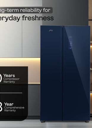 Godrej Smart Choice 600L 3Star Frost Free Smart Convertible AI Tech 3 Intelligent Modes Toughened Glass Door Inverter Side By Side Refrigerator (2025 Model,RS EONVELVET 646C RIT SM BL,Storm Blue) 