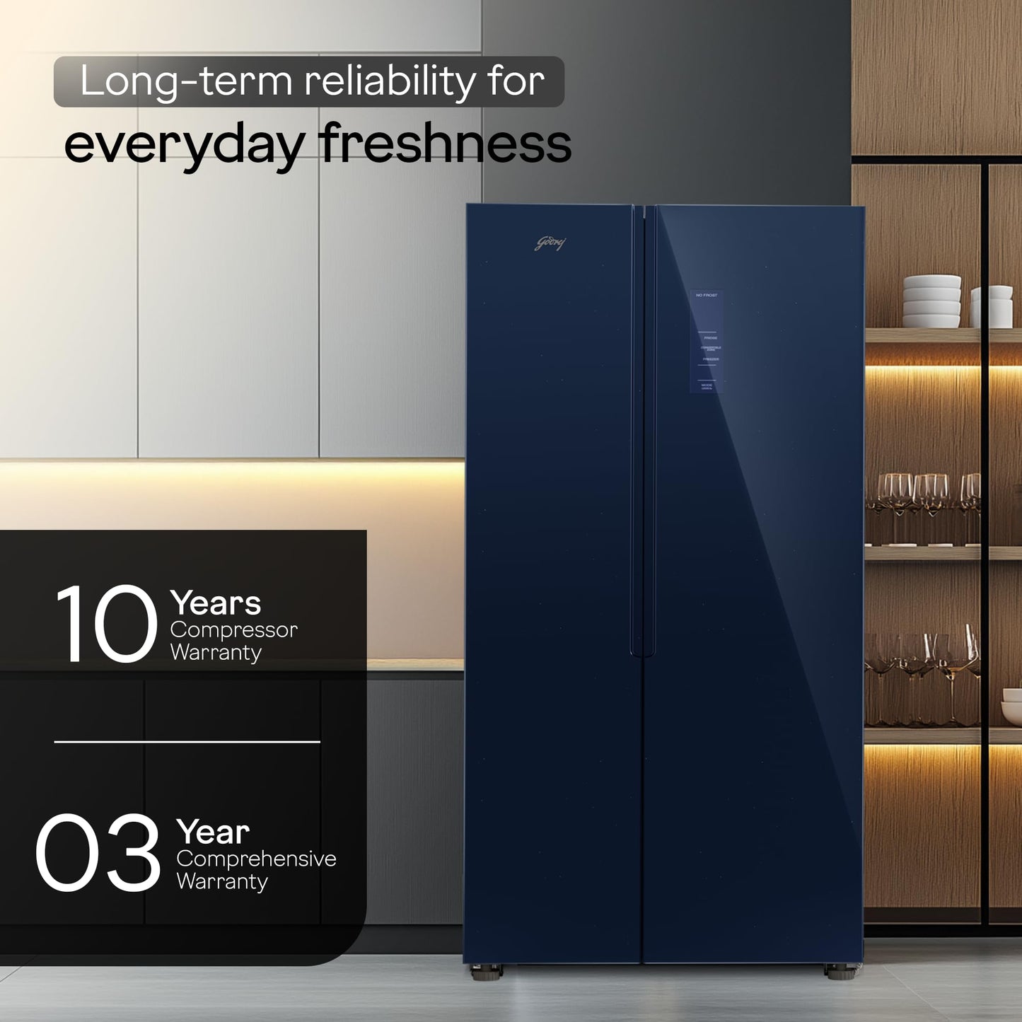 Godrej Smart Choice 600L 3Star Frost Free Smart Convertible AI Tech 3 Intelligent Modes Toughened Glass Door Inverter Side By Side Refrigerator (2025 Model,RS EONVELVET 646C RIT SM BL,Storm Blue) 