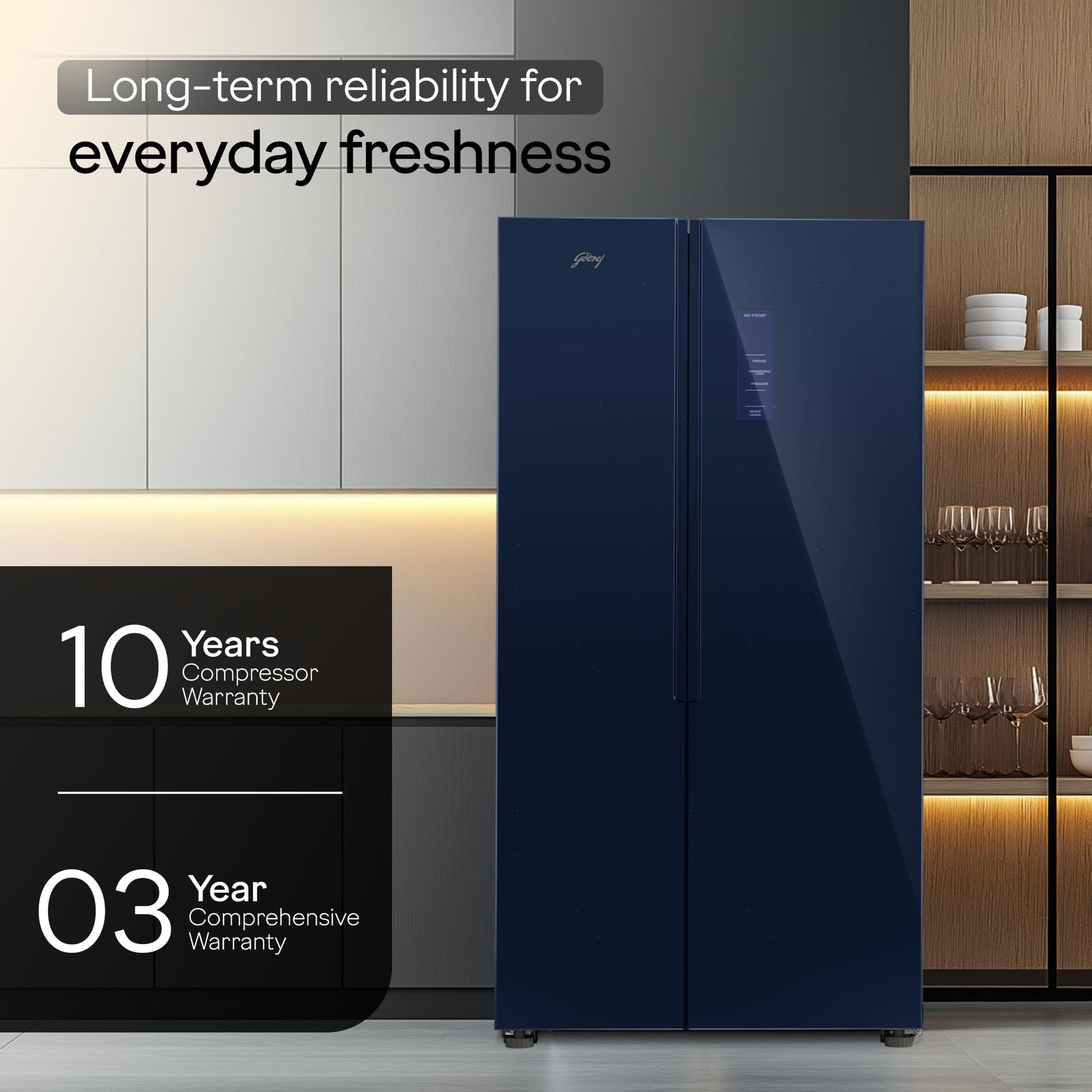 Godrej Smart Choice 600L 3Star Frost Free Smart Convertible AI Tech 3 Intelligent Modes Toughened Glass Door Inverter Side By Side Refrigerator (2025 Model,RS EONVELVET 646C RIT SM BL,Storm Blue) 