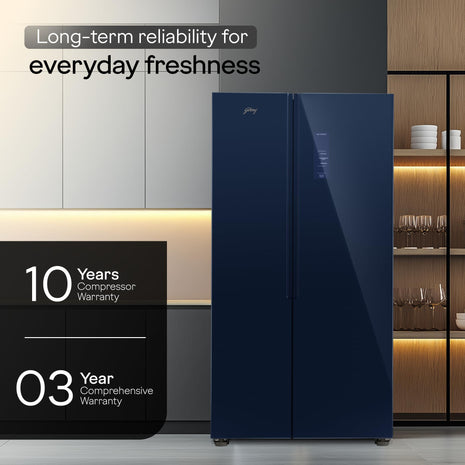 Godrej Smart Choice 600L 3Star Frost Free Smart Convertible AI Tech 3 Intelligent Modes Toughened Glass Door Inverter Side By Side Refrigerator (2025 Model,RS EONVELVET 646C RIT SM BL,Storm Blue) 