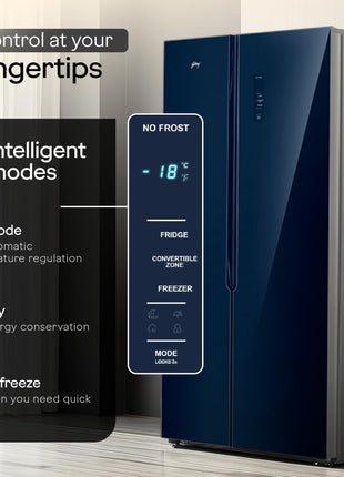 Godrej Smart Choice 600L 3Star Frost Free Smart Convertible AI Tech 3 Intelligent Modes Toughened Glass Door Inverter Side By Side Refrigerator (2025 Model,RS EONVELVET 646C RIT SM BL,Storm Blue) 
