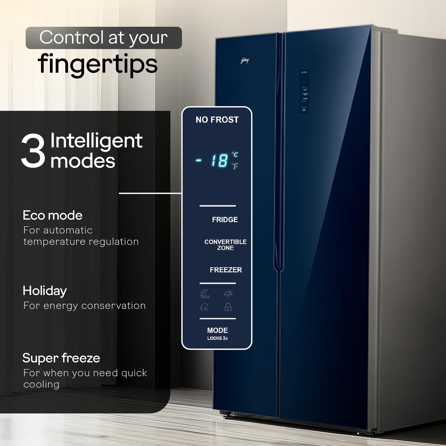 Godrej Smart Choice 600L 3Star Frost Free Smart Convertible AI Tech 3 Intelligent Modes Toughened Glass Door Inverter Side By Side Refrigerator (2025 Model,RS EONVELVET 646C RIT SM BL,Storm Blue) 