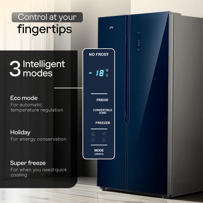 Godrej Smart Choice 600L 3Star Frost Free Smart Convertible AI Tech 3 Intelligent Modes Toughened Glass Door Inverter Side By Side Refrigerator (2025 Model,RS EONVELVET 646C RIT SM BL,Storm Blue) 