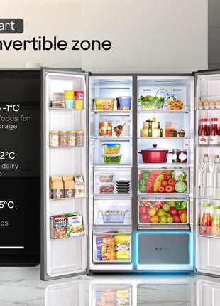 Godrej Smart Choice 600L 3Star Frost Free Smart Convertible AI Tech 3 Intelligent Modes Toughened Glass Door Inverter Side By Side Refrigerator (2025 Model,RS EONVELVET 646C RIT SM BL,Storm Blue) 