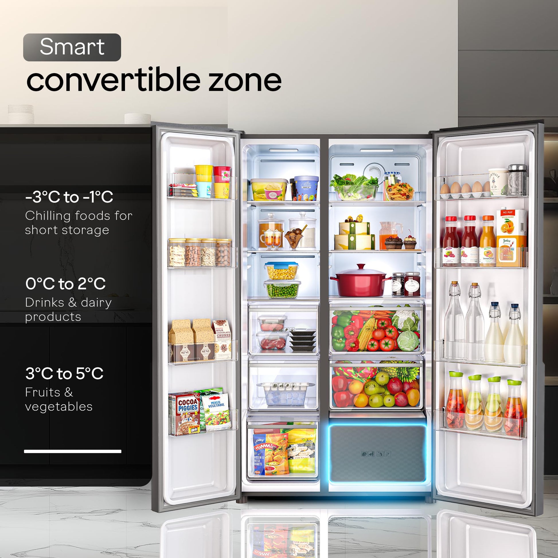 Godrej Smart Choice 600L 3Star Frost Free Smart Convertible AI Tech 3 Intelligent Modes Toughened Glass Door Inverter Side By Side Refrigerator (2025 Model,RS EONVELVET 646C RIT SM BL,Storm Blue) 
