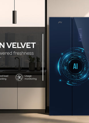 Godrej Smart Choice 600L 3Star Frost Free Smart Convertible AI Tech 3 Intelligent Modes Toughened Glass Door Inverter Side By Side Refrigerator (2025 Model,RS EONVELVET 646C RIT SM BL,Storm Blue) 