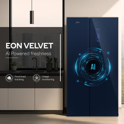 Godrej Smart Choice 600L 3Star Frost Free Smart Convertible AI Tech 3 Intelligent Modes Toughened Glass Door Inverter Side By Side Refrigerator (2025 Model,RS EONVELVET 646C RIT SM BL,Storm Blue) 