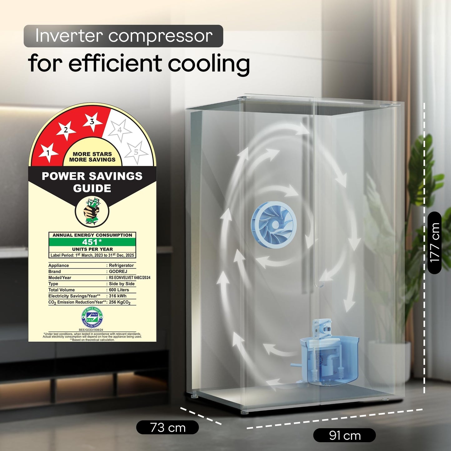 Godrej Smart Choice 600L 3Star Frost Free Smart Convertible AI Tech 3 Intelligent Modes Toughened Glass Door Inverter Side By Side Refrigerator (2025 Model,RS EONVELVET 646C RIT SM BL,Storm Blue) 