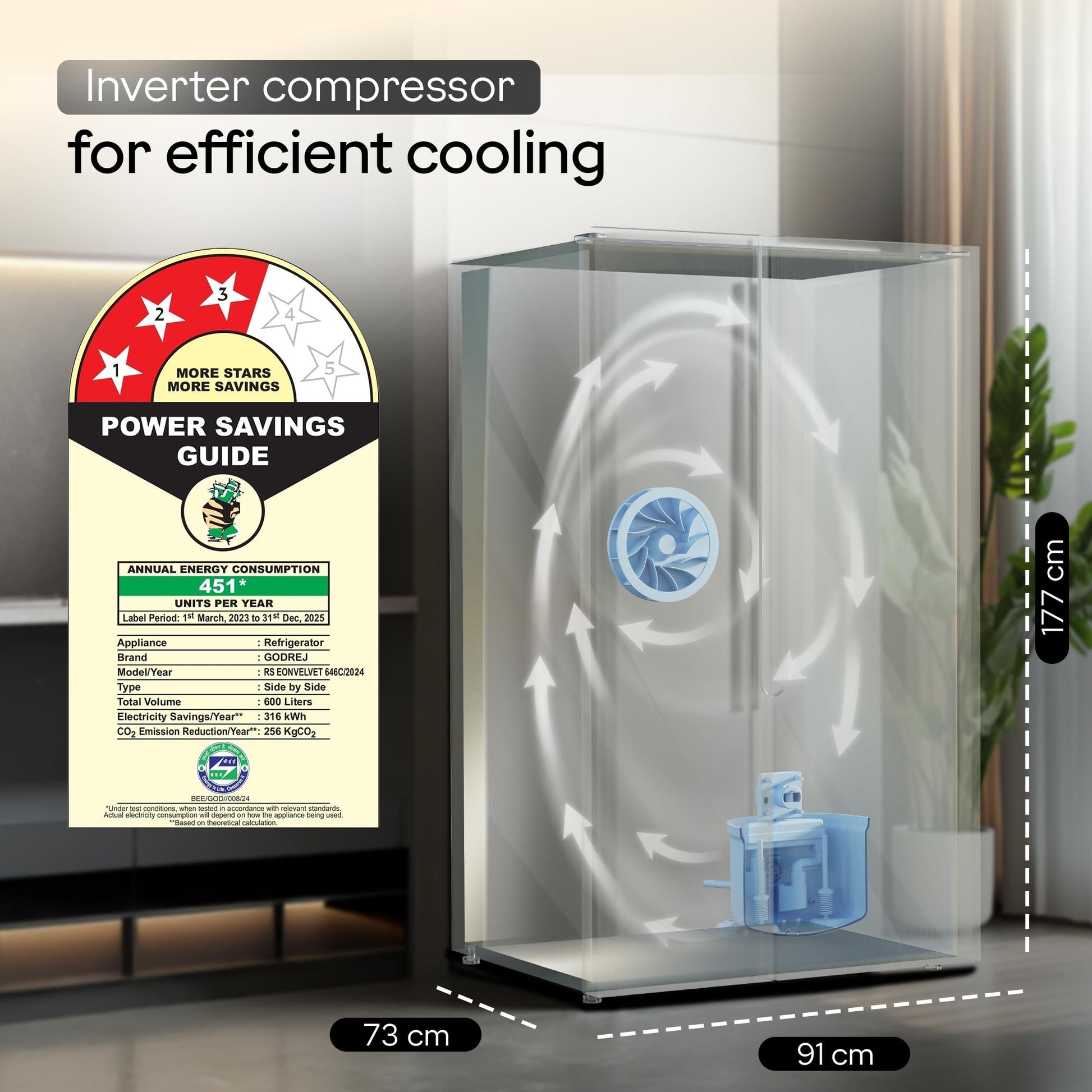 Godrej Smart Choice 600L 3Star Frost Free Smart Convertible AI Tech 3 Intelligent Modes Toughened Glass Door Inverter Side By Side Refrigerator (2025 Model,RS EONVELVET 646C RIT SM BL,Storm Blue) 