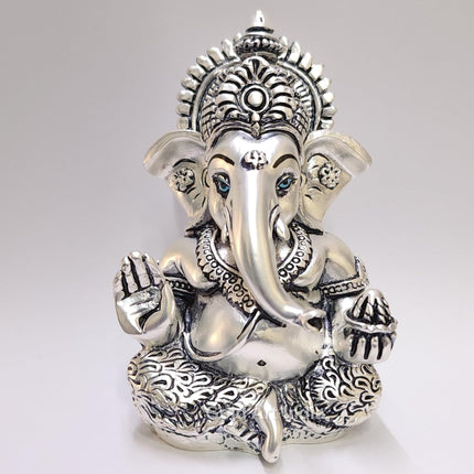 Gold Art India 999 Matte Silver Plated Antique Mukut Ganesha - 3.5" - Perfect for Gifting, Home Decor, Car Dashboard Murti Ganpati Idol for Home Decor Puja Statue Gift for Office Desk Puja Room, God 