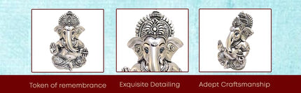 Gold Art India 999 Matte Silver Plated Antique Mukut Ganesha - 3.5" - Perfect for Gifting, Home Decor, Car Dashboard Murti Ganpati Idol for Home Decor Puja Statue Gift for Office Desk Puja Room, God 