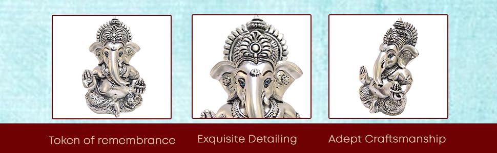 Gold Art India 999 Matte Silver Plated Antique Mukut Ganesha - 3.5" - Perfect for Gifting, Home Decor, Car Dashboard Murti Ganpati Idol for Home Decor Puja Statue Gift for Office Desk Puja Room, God 