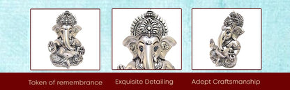 Gold Art India 999 Matte Silver Plated Antique Mukut Ganesha - 3.5" - Perfect for Gifting, Home Decor, Car Dashboard Murti Ganpati Idol for Home Decor Puja Statue Gift for Office Desk Puja Room, God 