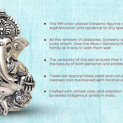 Gold Art India 999 Matte Silver Plated Antique Mukut Ganesha - 3.5" - Perfect for Gifting, Home Decor, Car Dashboard Murti Ganpati Idol for Home Decor Puja Statue Gift for Office Desk Puja Room, God 