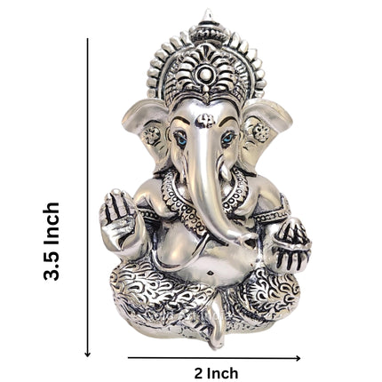 Gold Art India 999 Matte Silver Plated Antique Mukut Ganesha - 3.5" - Perfect for Gifting, Home Decor, Car Dashboard Murti Ganpati Idol for Home Decor Puja Statue Gift for Office Desk Puja Room, God 