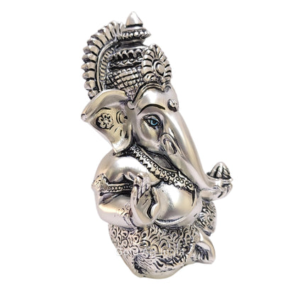 Gold Art India 999 Matte Silver Plated Antique Mukut Ganesha - 3.5" - Perfect for Gifting, Home Decor, Car Dashboard Murti Ganpati Idol for Home Decor Puja Statue Gift for Office Desk Puja Room, God 
