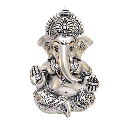 Gold Art India 999 Matte Silver Plated Antique Mukut Ganesha - 3.5" - Perfect for Gifting, Home Decor, Car Dashboard Murti Ganpati Idol for Home Decor Puja Statue Gift for Office Desk Puja Room, God 
