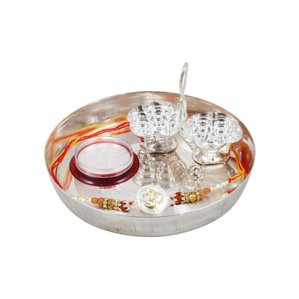 GoldGiftIdeas Pure 999 Silver OM Rakhi for Brother/Bhai, Certified Golden Silver Rakhi for Rakshabandhan with Pooja Thali Set (5 Inch), (Men/Boys) 