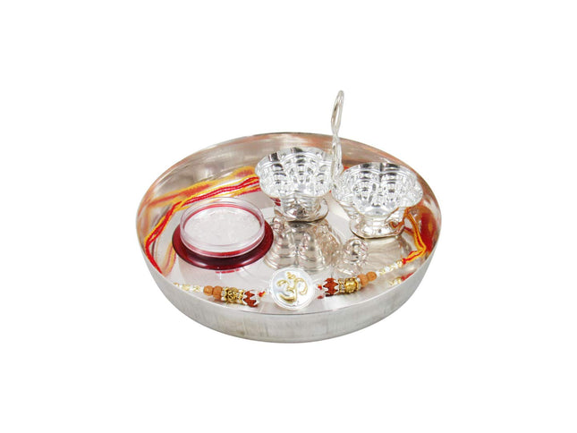 GoldGiftIdeas Pure 999 Silver OM Rakhi for Brother/Bhai, Certified Golden Silver Rakhi for Rakshabandhan with Pooja Thali Set (5 Inch), (Men/Boys) 