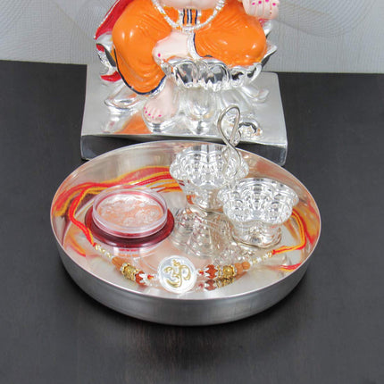 GoldGiftIdeas Pure 999 Silver OM Rakhi for Brother/Bhai, Certified Golden Silver Rakhi for Rakshabandhan with Pooja Thali Set (5 Inch), (Men/Boys) 
