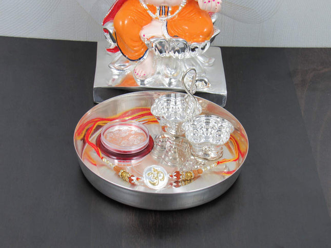 GoldGiftIdeas Pure 999 Silver OM Rakhi for Brother/Bhai, Certified Golden Silver Rakhi for Rakshabandhan with Pooja Thali Set (5 Inch), (Men/Boys) 
