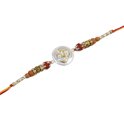 GoldGiftIdeas Pure 999 Silver OM Rakhi for Brother/Bhai, Certified Golden Silver Rakhi for Rakshabandhan with Pooja Thali Set (5 Inch), (Men/Boys) 