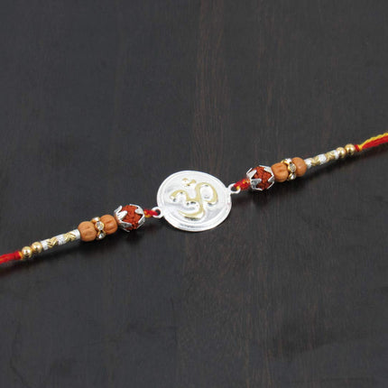 GoldGiftIdeas Pure 999 Silver OM Rakhi for Brother/Bhai, Certified Golden Silver Rakhi for Rakshabandhan with Pooja Thali Set (5 Inch), (Men/Boys) 