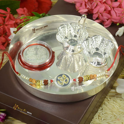 GoldGiftIdeas Pure 999 Silver OM Rakhi for Brother/Bhai, Certified Golden Silver Rakhi for Rakshabandhan with Pooja Thali Set (5 Inch), (Men/Boys) 