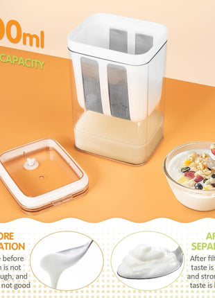 Greek Yogurt Strainer, 1100ml Multi Yoghurt Maker Strainer with Fine Mesh Bag & Lid for Thick Greek Yogurt, Soybean Milk, Kefir, Berries, Soup, Fruit Juice, Coffee 