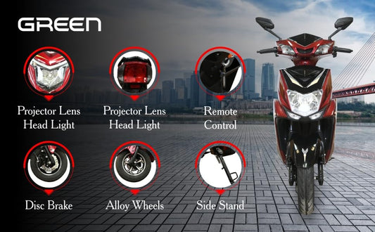 Green Invicta Low Speed Electric Scooter Non RTO 60KM Range Red with Portable Charger 