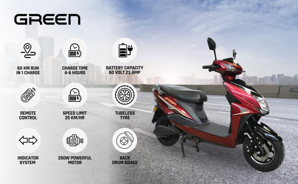 Green Invicta Low Speed Electric Scooter Non RTO 60KM Range Red with Portable Charger 