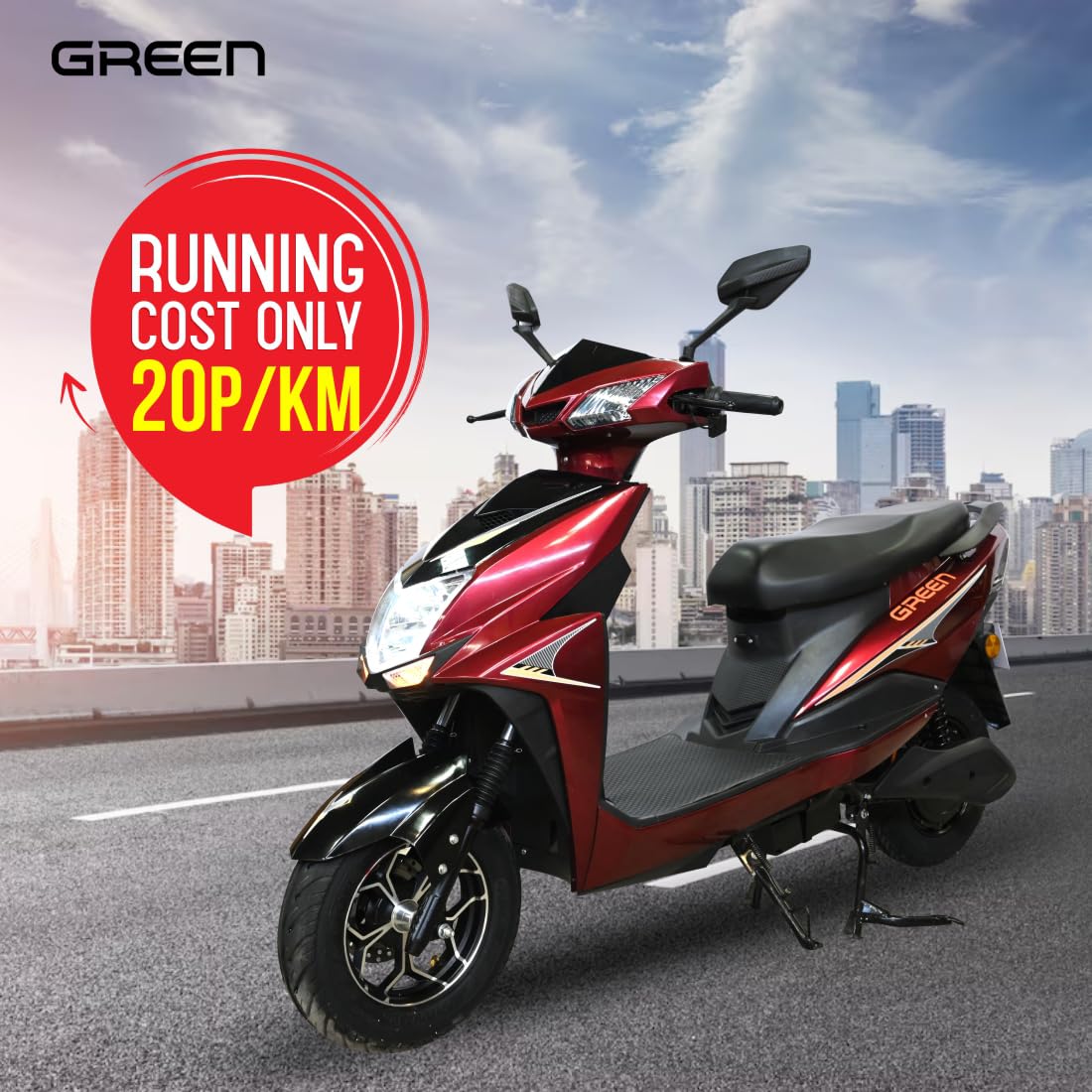 Green Invicta Low Speed Electric Scooter Non RTO 60KM Range Red with Portable Charger 